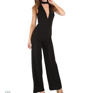 Sexy Deep V front and back black jumpsuit sz L